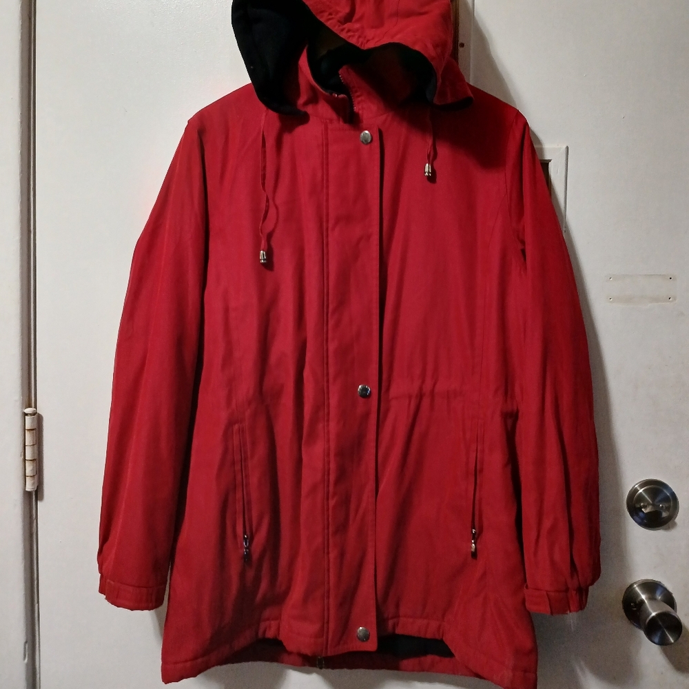 Liz Claiborne Red Soft Mid Length Car Coat, Zip & Snap, Hood, Zip Pockets